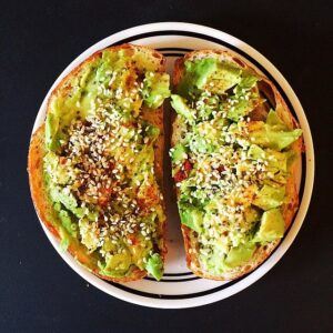 Avocado toast topped with seeds